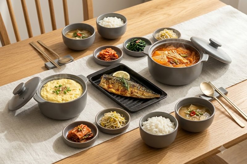 내열 뚜껑 냄비, 그릴 팬, 그릇으로 차린 식탁